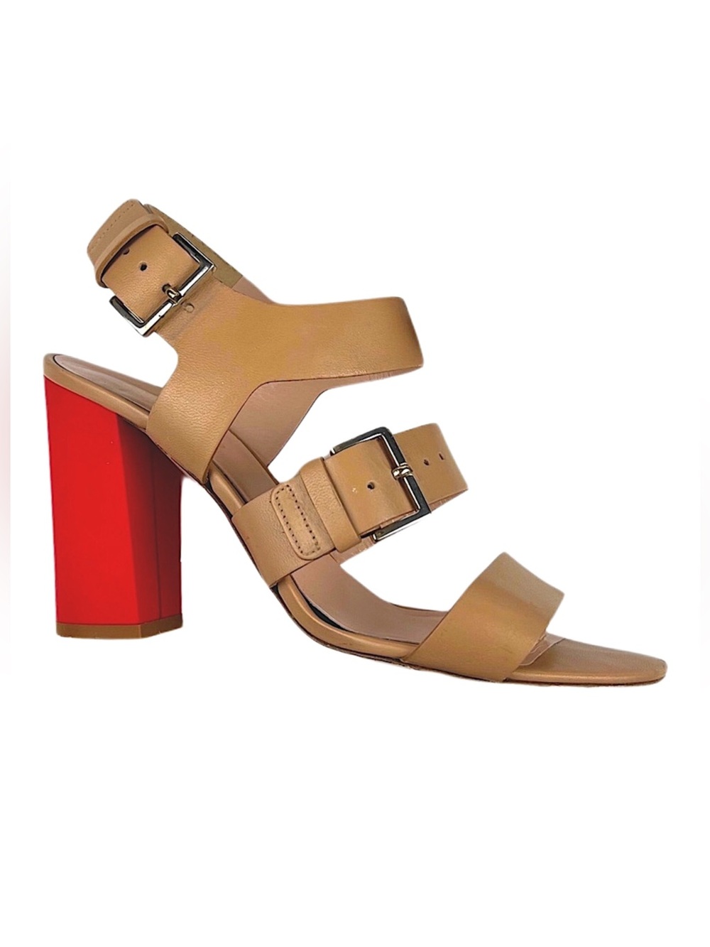 kate spade Tan/Red Leather Strappy Chuncy 3.5” Heels Size 7
